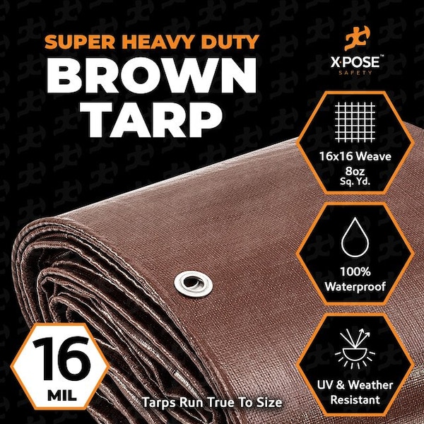 30' X 50' Super Heavy Duty 16 Mil Brown Poly Tarp -Waterproof, Grommets And Reinforced Edges